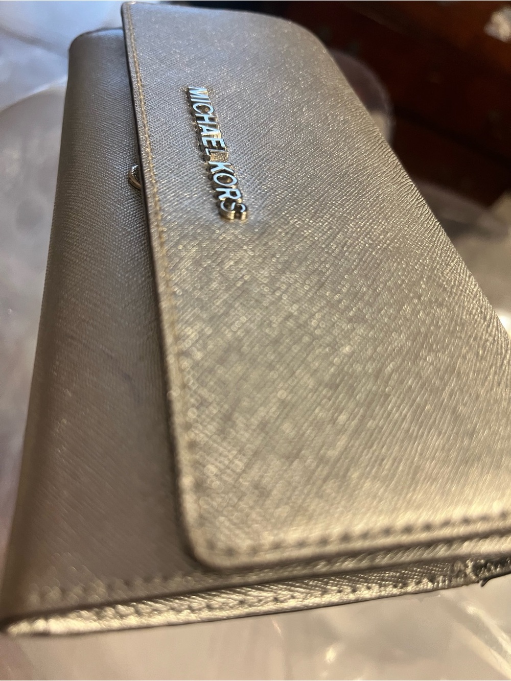 Michael Kors Silver Metallic Saffiano Wallet Clutch